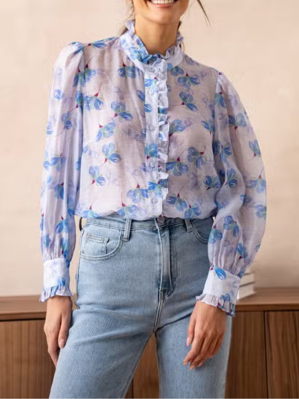 Anna Kay Sheer Floral Long Sleeve Button Down Blouse Women’s Size Large Blue - Picture 3 of 8